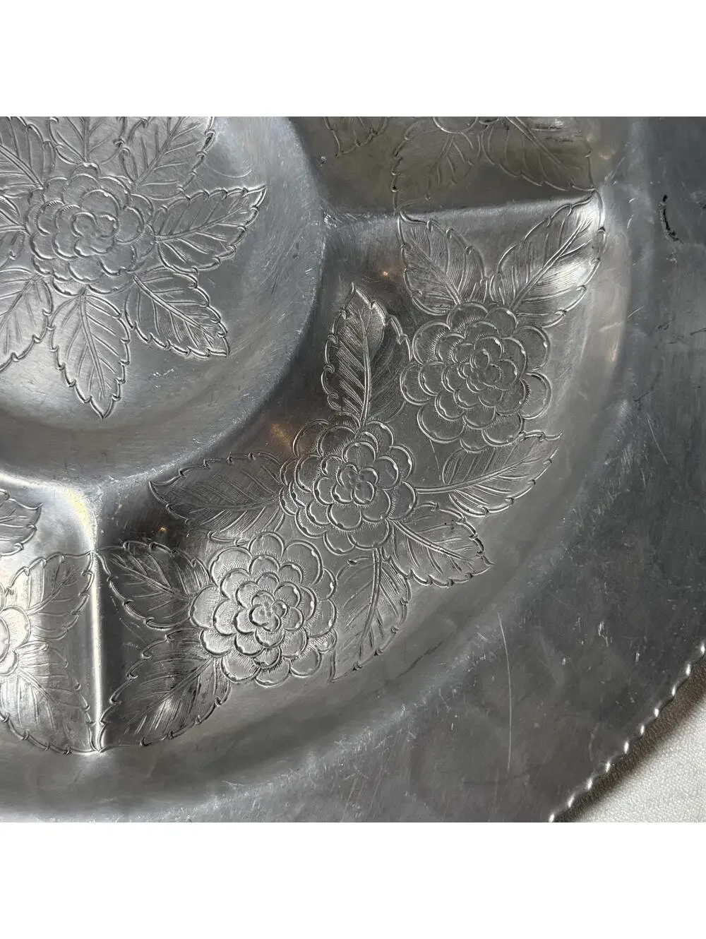 Vintage Divided‎ Silver Tray Aluminum Lehman Hand Forged Flower Leaves Hammered